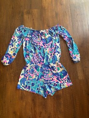 Lilly Pulitzer women’s  Multicolor Off-Shoulder Romper - Blue Pink Green Print